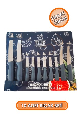 Paslanmaz Çelik 10 Parça Bıçak Seti Gri, 4 Adet Tırtıklı Sebze Ekmek Bıçağı, 6 Adet Meyve Bıçağı