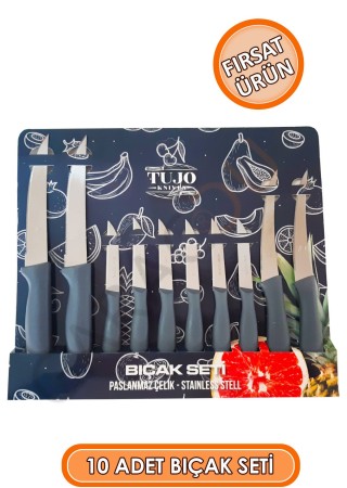 Paslanmaz Çelik 10 Parça Bıçak Seti Gri, 4 Adet Tırtıklı Sebze Ekmek Bıçağı, 6 Adet Meyve Bıçağı