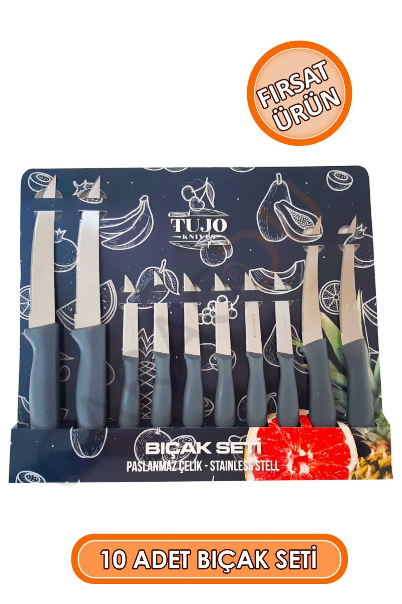 Paslanmaz Çelik 10 Parça Bıçak Seti Gri, 4 Adet Tırtıklı Sebze Ekmek Bıçağı, 6 Adet Meyve Bıçağı Paslanmaz Çelik 10 Parça Bıçak Seti Gri, 4 Adet Tırtıklı Sebze Ekmek Bıçağı, 6 Adet Meyve Bıçağı