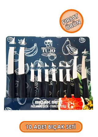 Paslanmaz Çelik 10 Parça Bıçak Seti Siyah, 4 Adet Tırtıklı Sebze Ekmek Bıçağı, 6 Adet Meyve Bıçağı