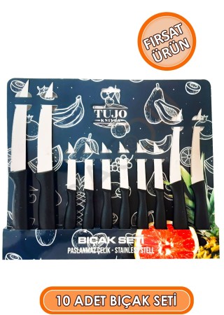 Paslanmaz Çelik 10 Parça Bıçak Seti Siyah, 4 Adet Tırtıklı Sebze Ekmek Bıçağı, 6 Adet Meyve Bıçağı
