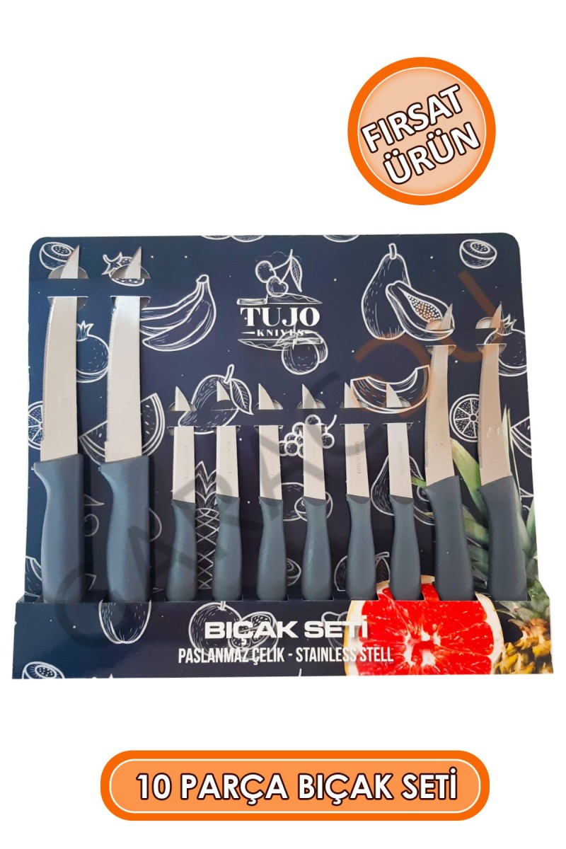 Paslanmaz Çelik 10 Parça Bıçak Seti Gri, 4 Adet Tırtıklı Sebze Ekmek Bıçağı, 6 Adet Meyve Bıçağı Paslanmaz Çelik 10 Parça Bıçak Seti Gri, 4 Adet Tırtıklı Sebze Ekmek Bıçağı, 6 Adet Meyve Bıçağı