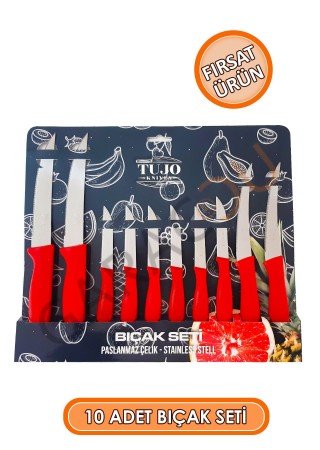 Paslanmaz Çelik 10 Parça Bıçak Seti Kırmızı, 4 Adet Tırtıklı Sebze Ekmek Bıçağı, 6 Adet Meyve Bıçağı
