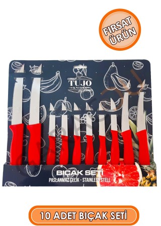 Paslanmaz Çelik 10 Parça Bıçak Seti Kırmızı, 4 Adet Tırtıklı Sebze Ekmek Bıçağı, 6 Adet Meyve Bıçağı