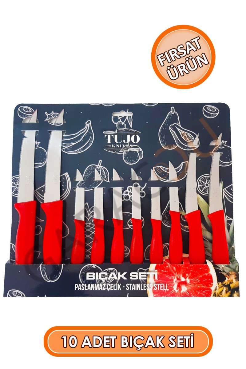 Paslanmaz Çelik 10 Parça Bıçak Seti Kırmızı, 4 Adet Tırtıklı Sebze Ekmek Bıçağı, 6 Adet Meyve Bıçağı Paslanmaz Çelik 10 Parça Bıçak Seti Kırmızı, 4 Adet Tırtıklı Sebze Ekmek Bıçağı, 6 Adet Meyve Bıçağı