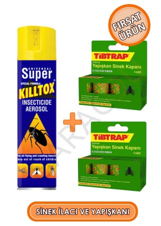 Sinekler İçin Komple Çözüm Kiltox Sinek İlacı ve 2 Paket Sinek Bandı Yapışkanı Bir Arada