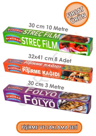 Yemek Pişirme ve Saklama Seti Streç Film + Yağlı Pişirme Kağıdı + Alüminyum Folyo 3'lü Set