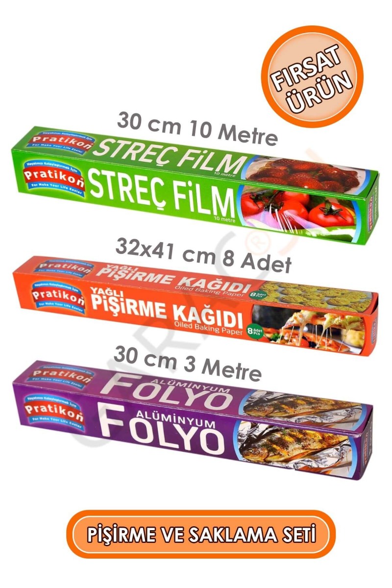 Yemek Pişirme ve Saklama Seti Streç Film + Yağlı Pişirme Kağıdı + Alüminyum Folyo 3'lü Set Yemek Pişirme ve Saklama Seti Streç Film + Yağlı Pişirme Kağıdı + Alüminyum Folyo 3'lü Set