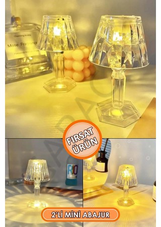 2'li Küçük Boy Kristal Led Masa Lambası Pilli Mini Şeffaf Abajur 12 Cm