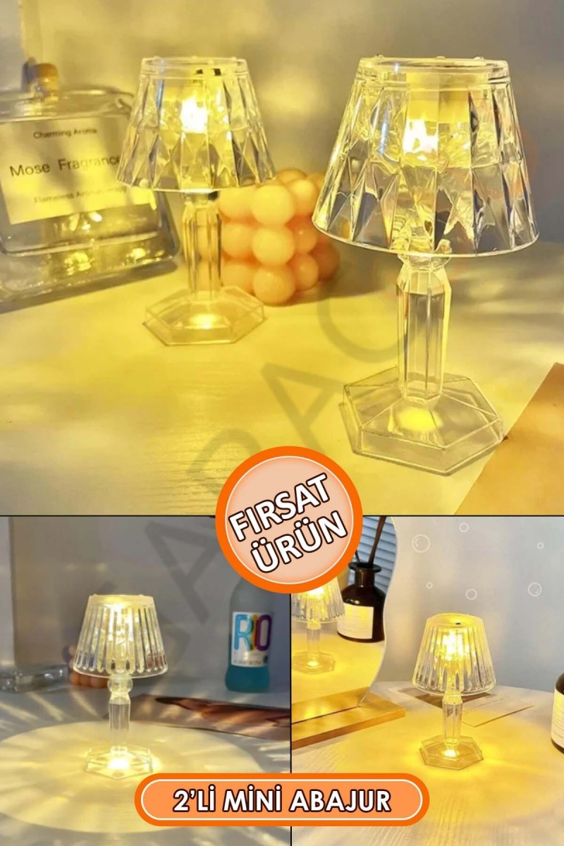 2'li Küçük Boy Kristal Led Masa Lambası Pilli Mini Şeffaf Abajur 12 Cm 2'li Küçük Boy Kristal Led Masa Lambası Pilli Mini Şeffaf Abajur 12 Cm