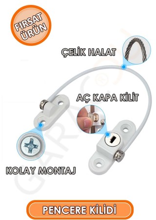 Halatlı Anahtarlı Pvc Pimapen Pencere Kapı Dolap Kilidi Beyaz, Çocuk Koruma Bebek Kilidi