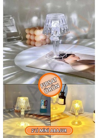 2'li Küçük Boy Kristal Led Masa Lambası Pilli Mini Şeffaf Abajur 12 Cm