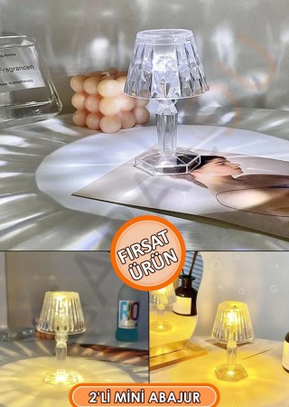 2'li Küçük Boy Kristal Led Masa Lambası Pilli Mini Şeffaf Abajur 12 Cm