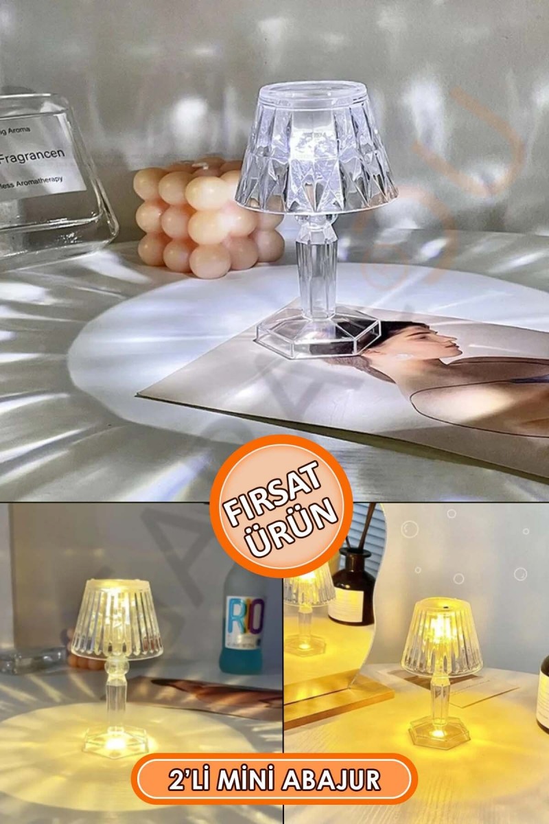 2'li Küçük Boy Kristal Led Masa Lambası Pilli Mini Şeffaf Abajur 12 Cm 2'li Küçük Boy Kristal Led Masa Lambası Pilli Mini Şeffaf Abajur 12 Cm