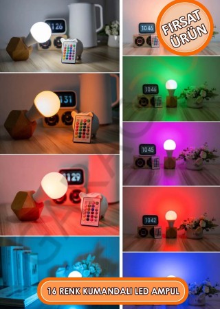 Uzaktan Kumandalı Renk Değiştiren Led Ampul Beyaz Dahil 16 Renk Seçenekli Renkli Gece Lambası