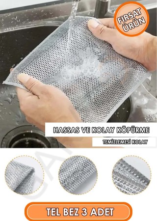 Çizdirmez Bulaşık Teli Süngeri, Banyo Lavabo Ovucu Tel, Çift Katmanlı Çok Amaçlı Tel Bez 3 Adet