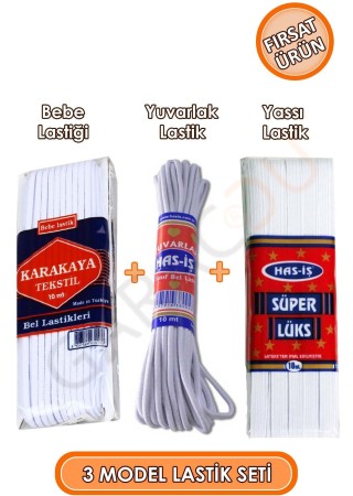 Toplam 30 Metre Bel Paça Etek Lastik Seti 10 Mt Bebe 10 Mt Yuvarlak 10 Mt Yassı Bel Paça Lastiği