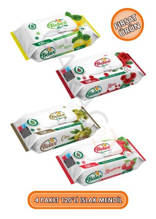 Islak Havlu Mendil 120'li 4 Paket 480 Yaprak - Gül Kokulu, Ahududulu, Zeytin Yağlı ve Limonlu