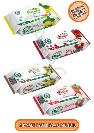 Islak Havlu Mendil 120'li 4 Paket 480 Yaprak - Gül Kokulu, Ahududulu, Zeytin Yağlı ve Limonlu