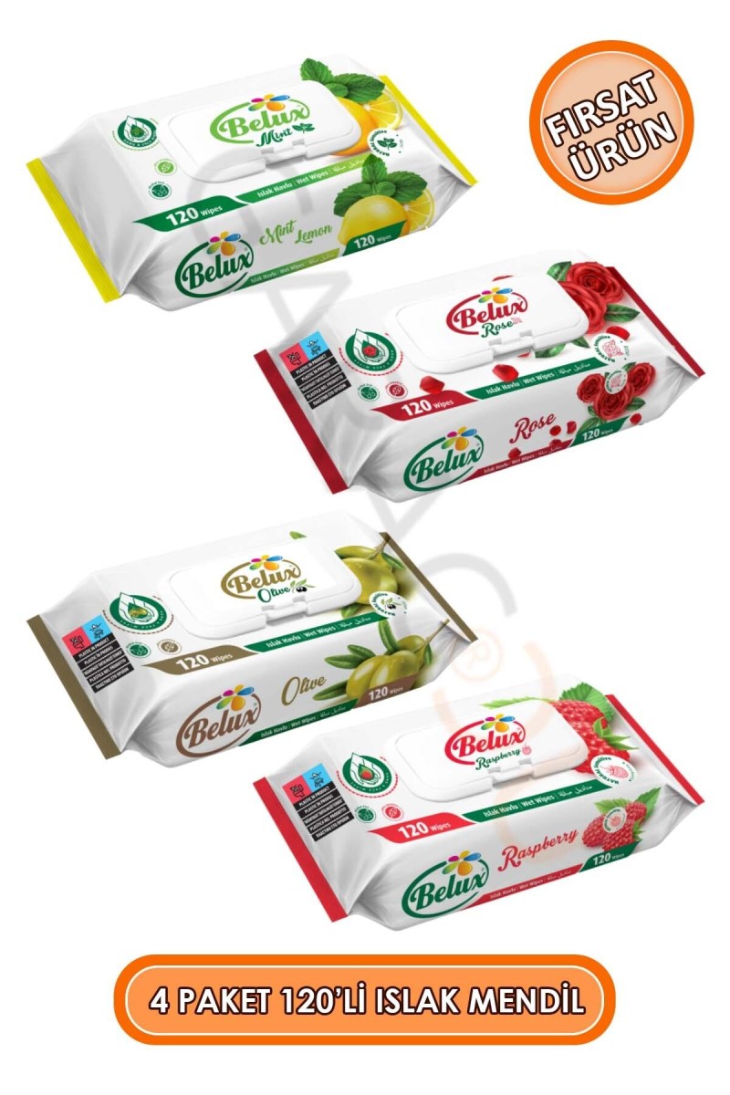 Islak Havlu Mendil 120'li 4 Paket 480 Yaprak - Gül Kokulu, Ahududulu, Zeytin Yağlı ve Limonlu Islak Havlu Mendil 120'li 4 Paket 480 Yaprak - Gül Kokulu, Ahududulu, Zeytin Yağlı ve Limonlu