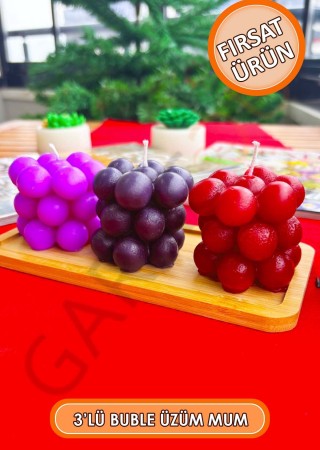 3'lü Kokusuz Dekor Buble Üzüm Mum (Kırmızı - Siyah - Eflatun)