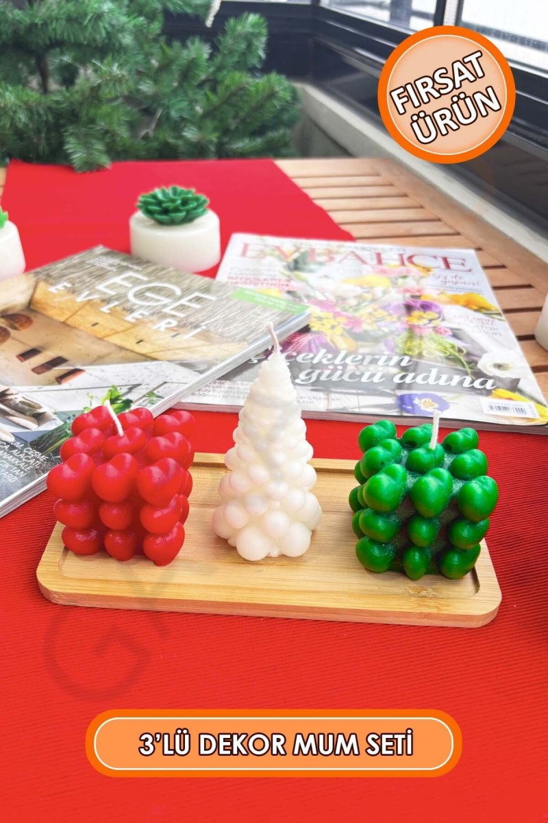 Bubble Kalpli ve Çam Ağaçlı Mum Seti 3'lü Kokusuz (Kırmızı - Beyaz - Yeşil) Bubble Kalpli ve Çam Ağaçlı Mum Seti 3'lü Kokusuz (Kırmızı - Beyaz - Yeşil)