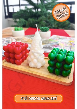Bubble Kalpli ve Çam Ağaçlı Mum Seti 3'lü Kokusuz (Kırmızı - Beyaz - Yeşil)