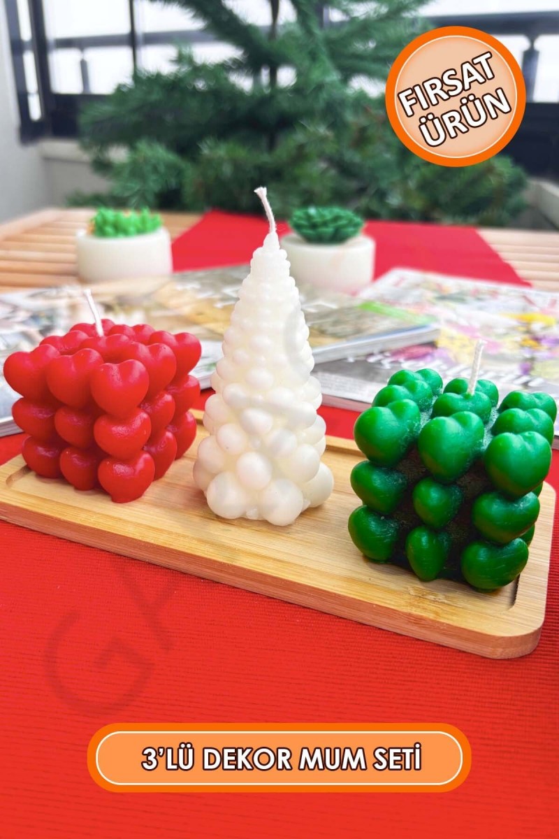 Bubble Kalpli ve Çam Ağaçlı Mum Seti 3'lü Kokusuz (Kırmızı - Beyaz - Yeşil) Bubble Kalpli ve Çam Ağaçlı Mum Seti 3'lü Kokusuz (Kırmızı - Beyaz - Yeşil)