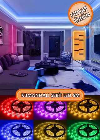 Kumandalı 5 Metre Şerit Led İç ve Dış Mekan İçin Yapışkanlı Aydınlatma Led