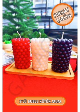 3'lü Kokusuz Buble Kütük Mum 9 cm (Kırmızı - Beyaz - Siyah)