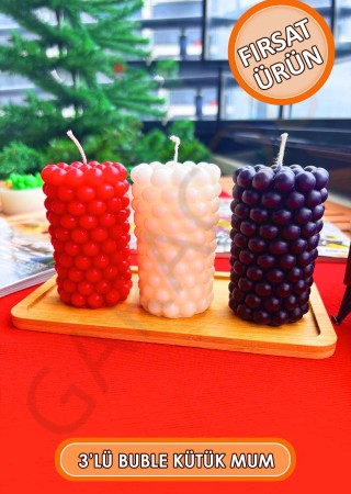 3'lü Kokusuz Buble Kütük Mum 9 cm (Kırmızı - Beyaz - Siyah)