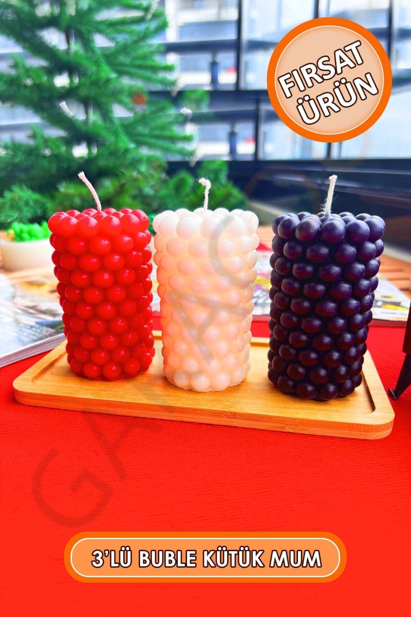 3'lü Kokusuz Buble Kütük Mum 9 cm (Kırmızı - Beyaz - Siyah) 3'lü Kokusuz Buble Kütük Mum 9 cm (Kırmızı - Beyaz - Siyah)