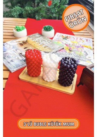 3'lü Kokusuz Buble Kütük Mum 9 cm (Kırmızı - Beyaz - Siyah)