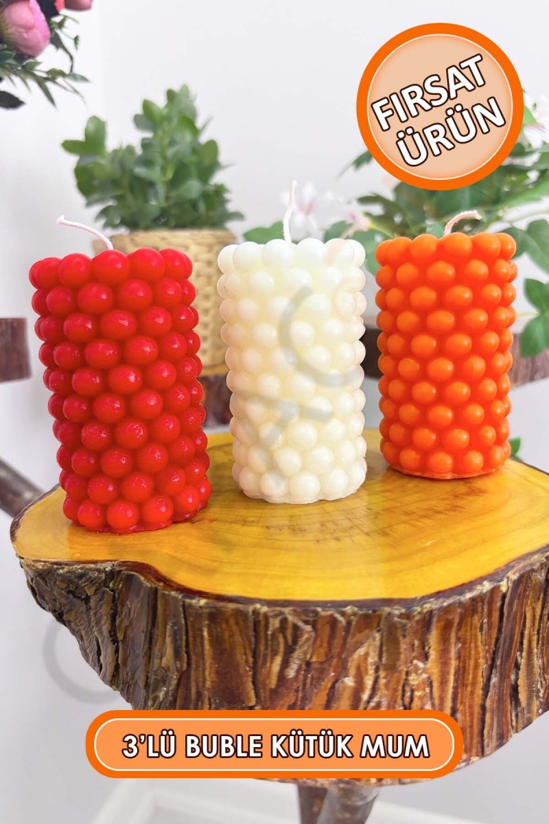 3'lü Kokusuz Buble Kütük Mum 9 cm (Kırmızı - Beyaz - Siyah) 3'lü Kokusuz Buble Kütük Mum 9 cm (Kırmızı - Beyaz - Siyah)