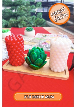 Dekor Bubble Kütük ve Enginar Mum 3'lü Kokusuz (Kırmızı - Beyaz - Yeşil)