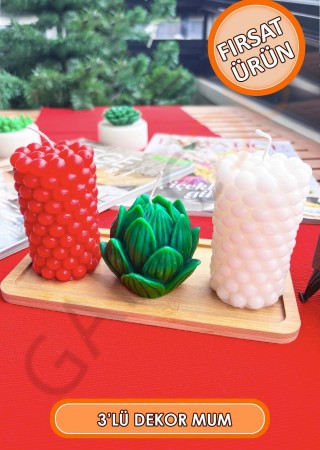 Dekor Bubble Kütük ve Enginar Mum 3'lü Kokusuz (Kırmızı - Beyaz - Yeşil)