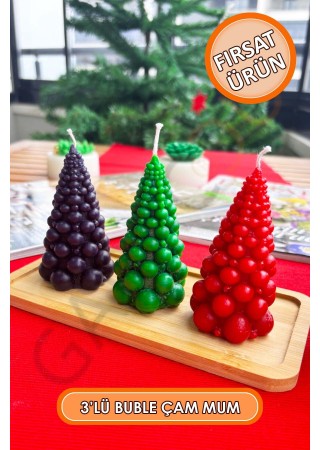 3'lü Kokusuz Dekor Buble Çam Mum 9 cm (Kırmızı - Siyah - Yeşil)