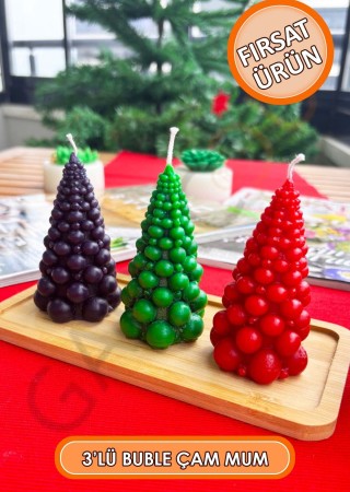 3'lü Kokusuz Dekor Buble Çam Mum 9 cm (Kırmızı - Siyah - Yeşil)