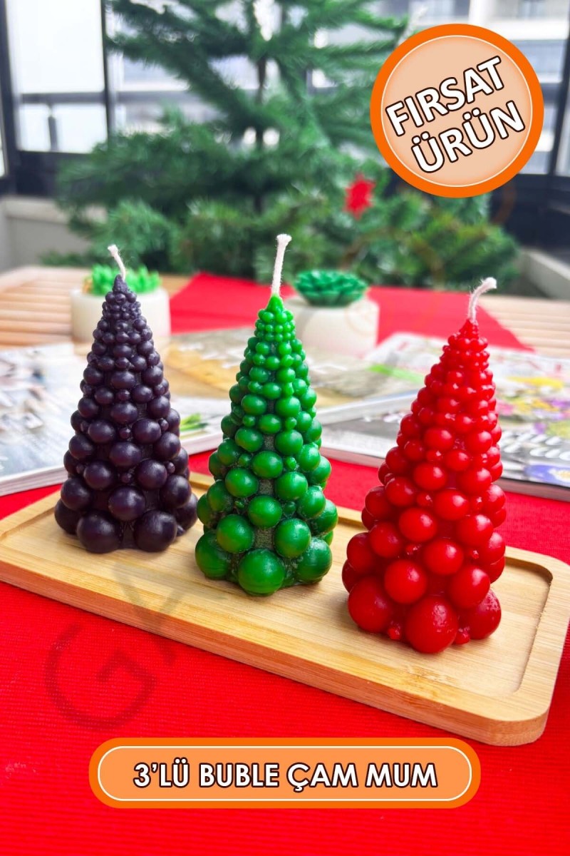 3'lü Kokusuz Dekor Buble Çam Mum 9 cm (Kırmızı - Siyah - Yeşil) 3'lü Kokusuz Dekor Buble Çam Mum 9 cm (Kırmızı - Siyah - Yeşil)
