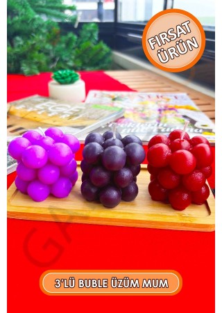 3'lü Kokusuz Dekor Buble Üzüm Mum (Kırmızı - Siyah - Eflatun)