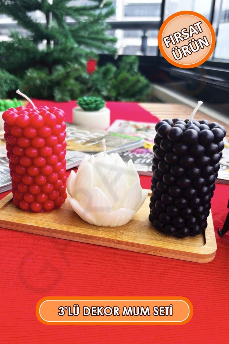 Dekor Bubble Kütük ve Enginar Mum 3'lü Kokusuz (Kırmızı - Beyaz - Siyah) Dekor Bubble Kütük ve Enginar Mum 3'lü Kokusuz (Kırmızı - Beyaz - Siyah)