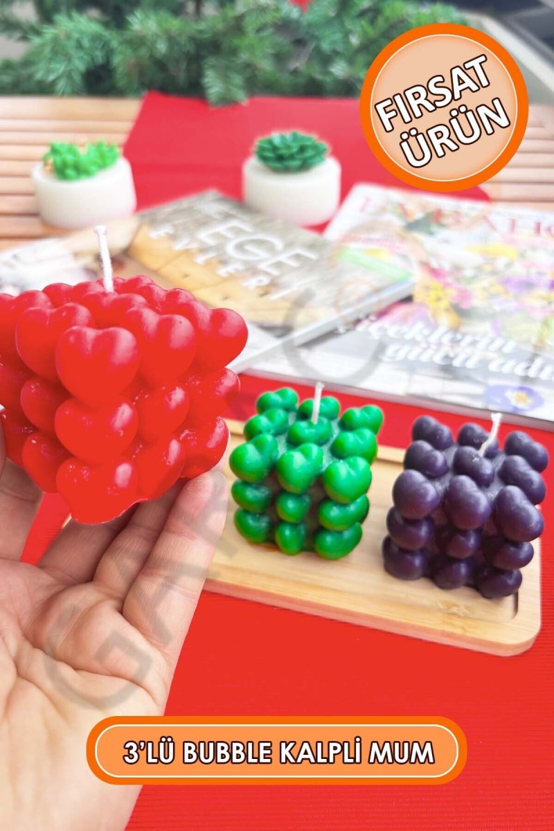 3'lü Kokusuz Dekor Bubble Kalp Mum 5 cm (Kırmızı - Yeşil - Siyah) 3'lü Kokusuz Dekor Bubble Kalp Mum 5 cm (Kırmızı - Yeşil - Siyah)