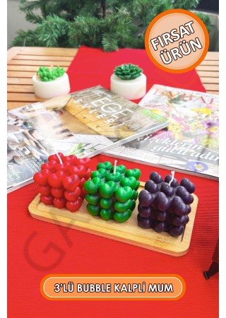 3'lü Kokusuz Dekor Bubble Kalp Mum 5 cm (Kırmızı - Yeşil - Siyah)