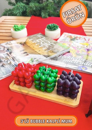 3'lü Kokusuz Dekor Bubble Kalp Mum 5 cm (Kırmızı - Yeşil - Siyah)