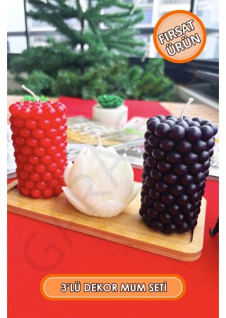 Dekor Bubble Kütük ve Enginar Mum 3'lü Kokusuz (Kırmızı - Beyaz - Siyah)