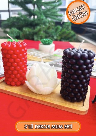 Dekor Bubble Kütük ve Enginar Mum 3'lü Kokusuz (Kırmızı - Beyaz - Siyah)