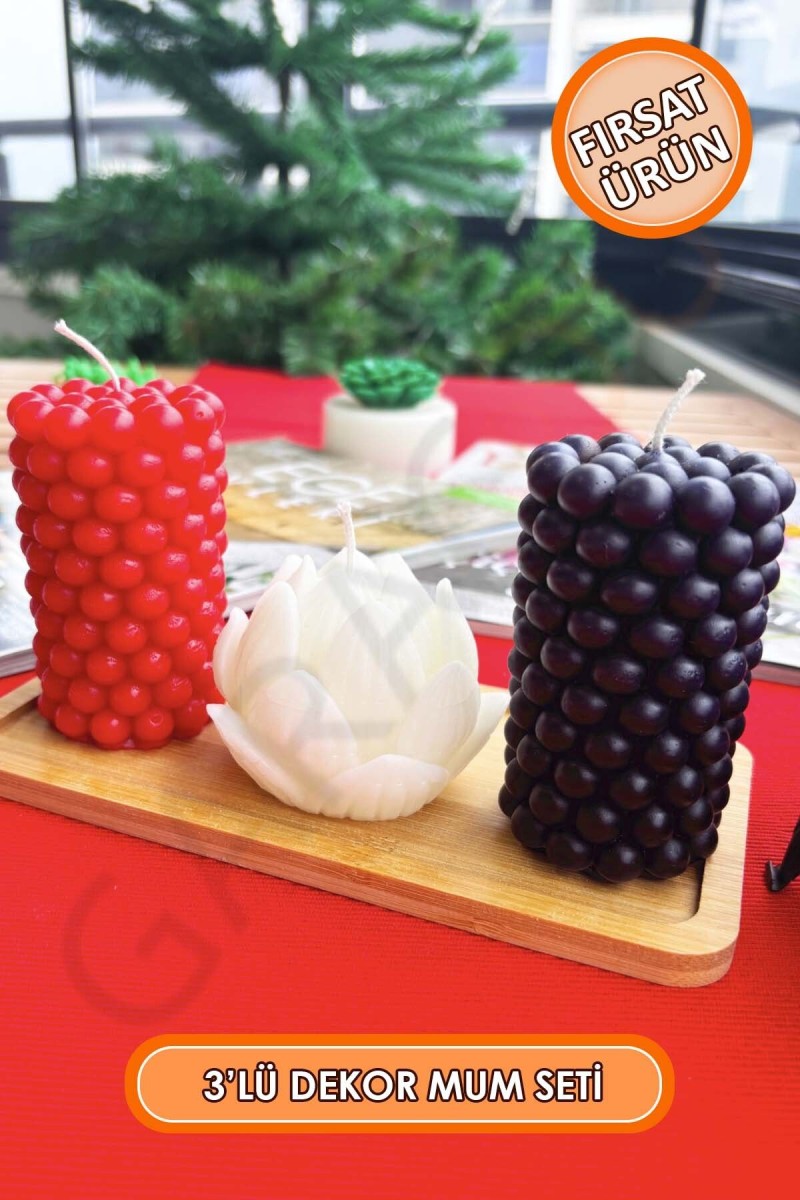 Dekor Bubble Kütük ve Enginar Mum 3'lü Kokusuz (Kırmızı - Beyaz - Siyah) Dekor Bubble Kütük ve Enginar Mum 3'lü Kokusuz (Kırmızı - Beyaz - Siyah)