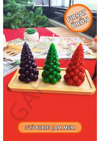 3'lü Kokusuz Dekor Buble Çam Mum 9 cm (Kırmızı - Siyah - Yeşil)