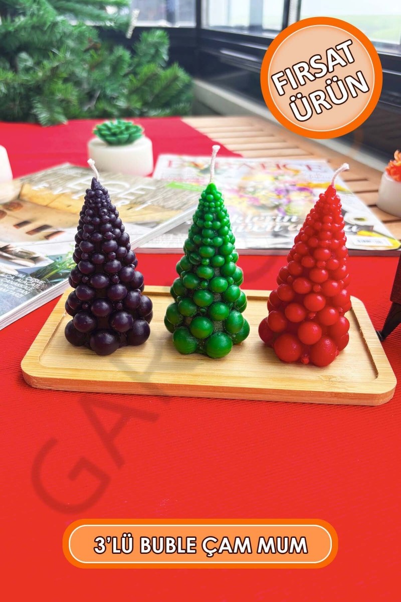 3'lü Kokusuz Dekor Buble Çam Mum 9 cm (Kırmızı - Siyah - Yeşil) 3'lü Kokusuz Dekor Buble Çam Mum 9 cm (Kırmızı - Siyah - Yeşil)