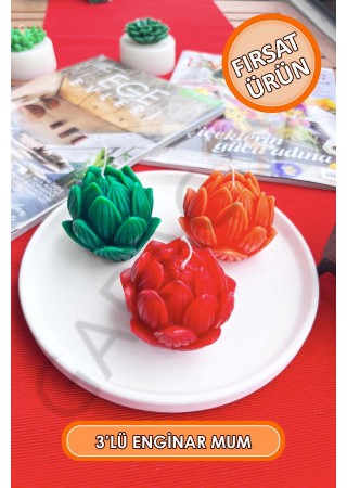 3'lü Kokusuz Dekor Enginar Mum (Kırmızı - Turuncu - Yeşil)